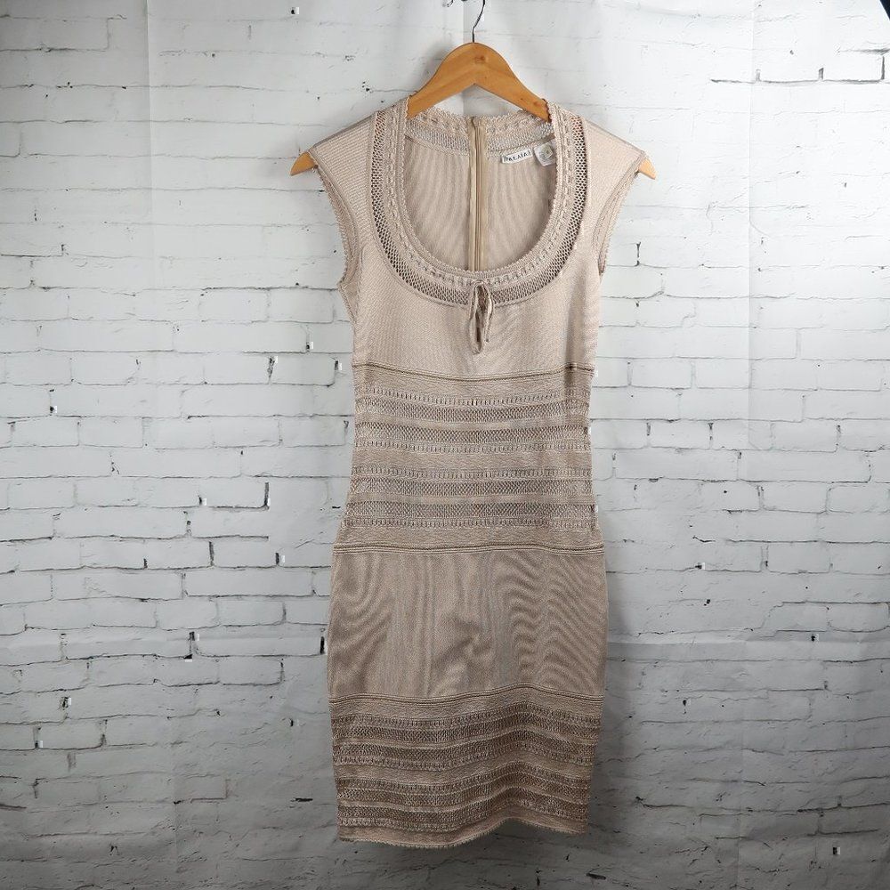 AZZEDINE ALAIA ICONIC VINTAGE SEMI SHEER CROCHET KNIT NEUTRAL/TAN DRESS 